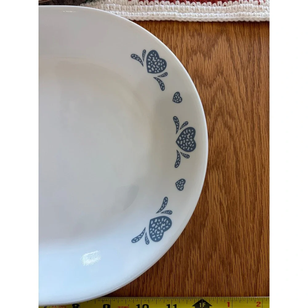 Corelle Folk Stitch Oval Serving Platter Blue Hearts White Vitrelle Glass 12in